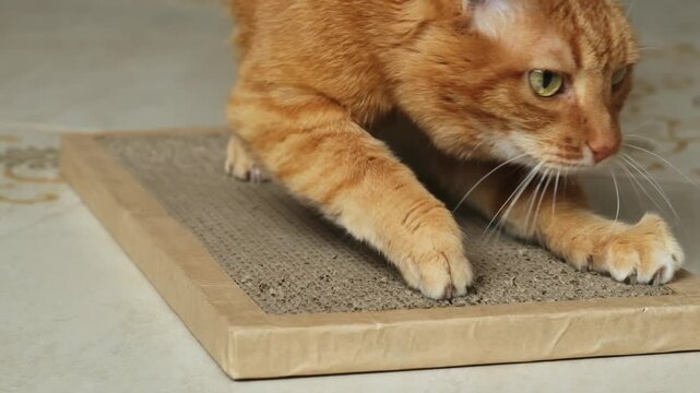 Close-up of ginger cat sharpens its claws on a cardboard scratching post in slow motion. Cat behavior.