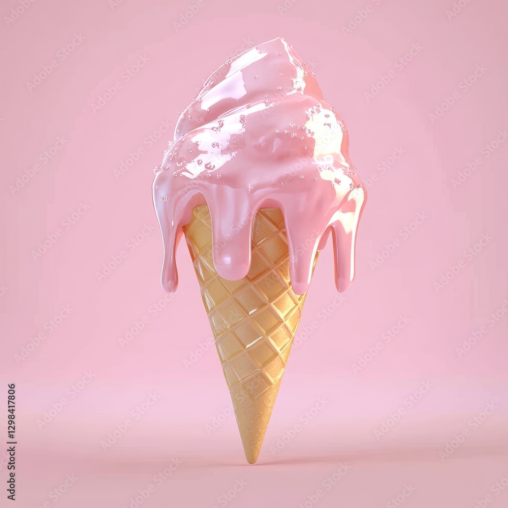 Poster glossy 3d ice cream cone with melting effect on pink background