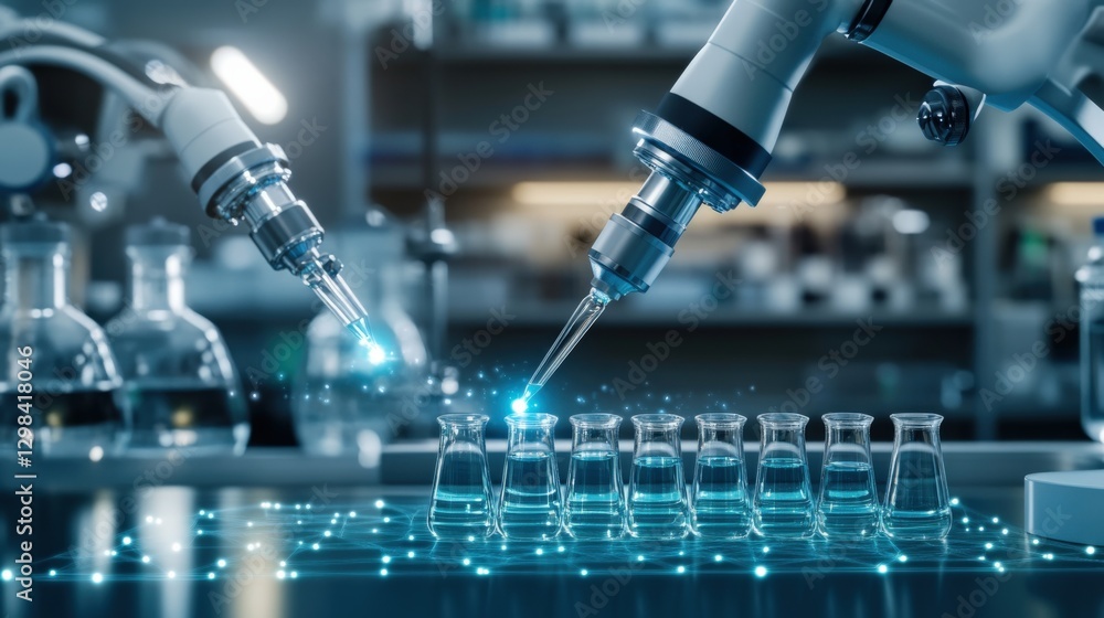 Poster precision liquid handling process in a laboratory science research facility digital image high-tech 