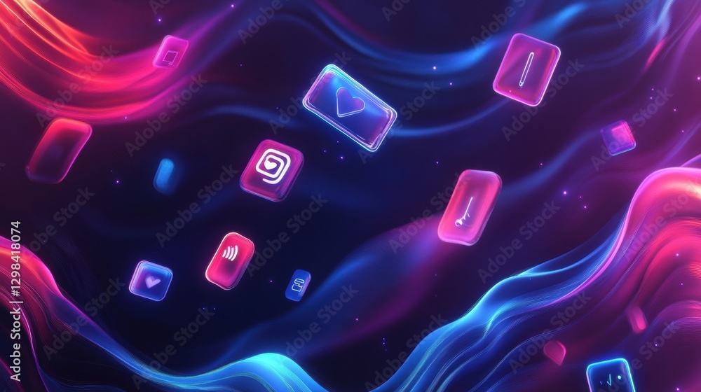 Poster Colorful digital icons float through a vibrant abstract background of flowing neon waves. Generative AI