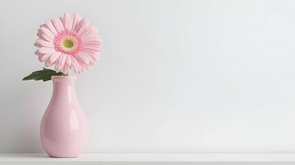 Pink Gerbera Flower in a Pink Vase on a White Shelf against a White Background