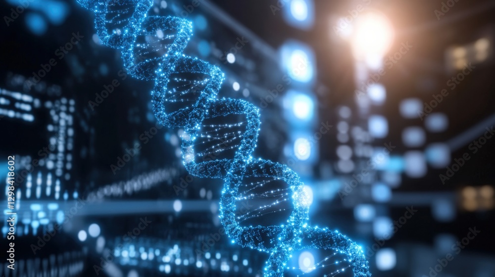 Poster exploring genetic innovations dna structure visualization laboratory digital art high-tech environme