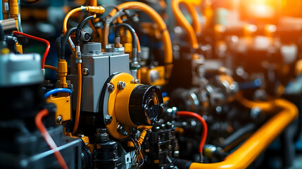 Detailed Close Up Of A Complex Industrial Machine System With Yellow And Orange Piping And Control Elements