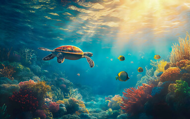 Fototapeta premium Sea turtle swimming over a colorful coral reef with sunlight beams. Beautiful underwater scene with sunbeams illuminating a vibrant coral reef and a sea turtle swimming peacefully.