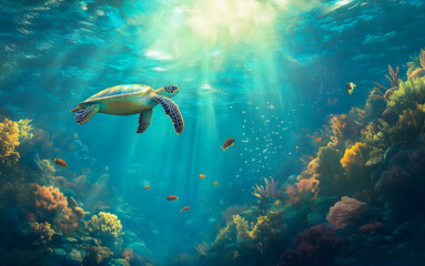 Obraz premium Sea turtle swimming over a colorful coral reef with sunlight beams. Beautiful underwater scene with sunbeams illuminating a vibrant coral reef and a sea turtle swimming peacefully.