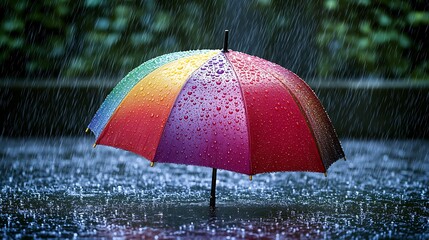 Colorful umbrella in heavy rain, dramatic weather, rainy day scene, outside