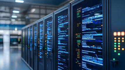 Data Server Racks in Modern Data Center with Blue Lights and Technology Equipment