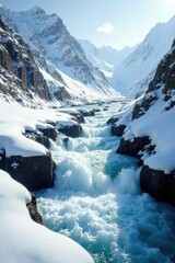 White water rushing down a snowy mountain slope, rushing, flowing