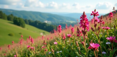 Fototapeta premium Wild fireweed flowers blooming on a hillside in summer, heathland, color palette