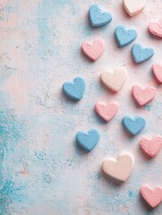 Obraz premium Colorful heart shaped decorations scattered on a pastel textured surface for celebration or decor ideas. Generative AI