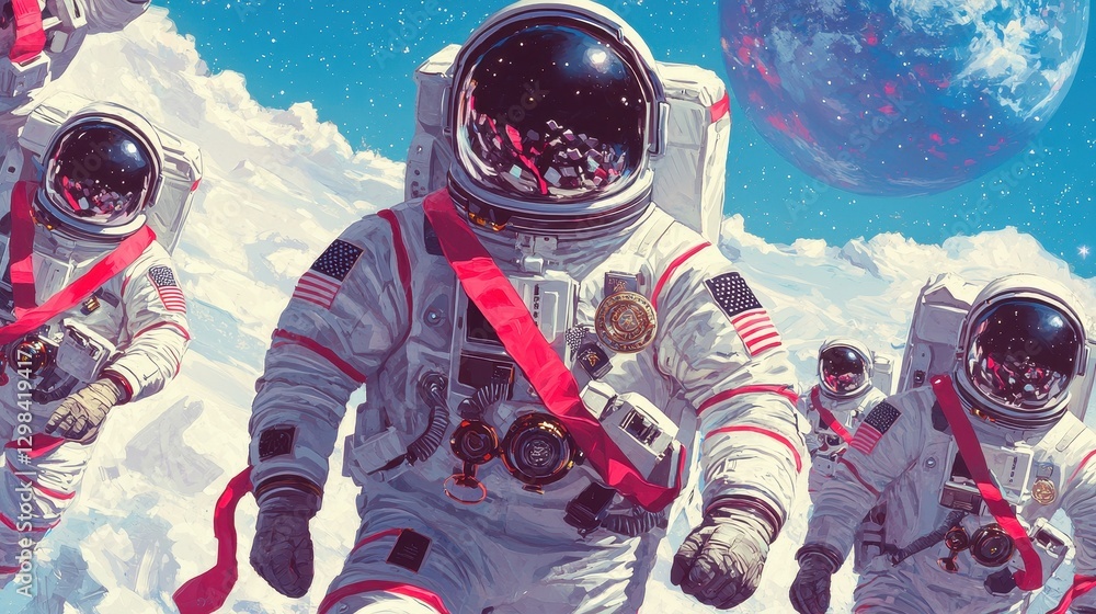 Poster astronauts exploring a colorful planet with dramatic cosmic background