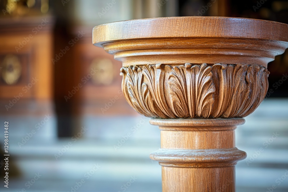 Poster a close-up shot of a wooden column featuring a clock in the background, ideal for use in architectur