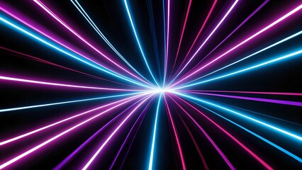 Abstract neon light rays converge in a vibrant burst of blue and purple, creating a dynamic and energetic visual effect perfect for futuristic designs.