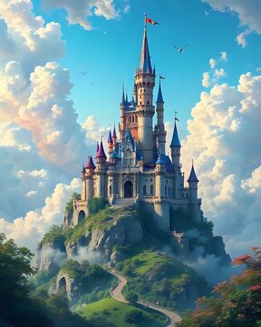 illustration d'un ch&acirc;teau flottant qui se situe dans les nuages au sein d'un d&eacute;cors fantasmagorique 