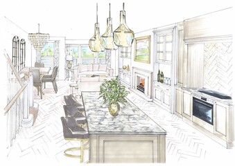 Hand drawn colour concept sketch for an interior.