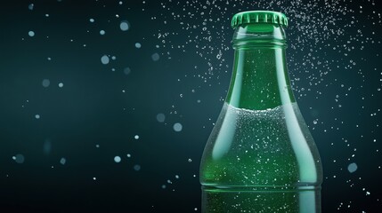 Green glass soda bottle with sparkling water droplets against a dark background. Refreshing and cold beverage.