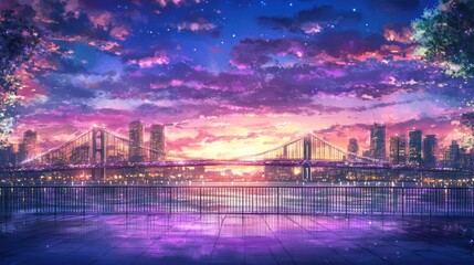 Obraz premium Cityscape at Twilight: A Breathtaking Anime-Style City Bridge