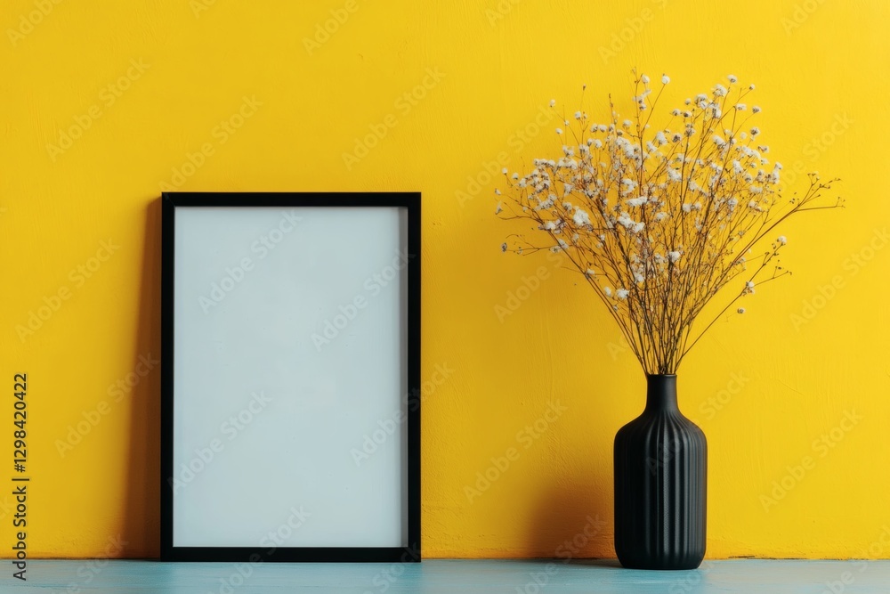 Poster modern decor with black vase and empty frame display. generative ai