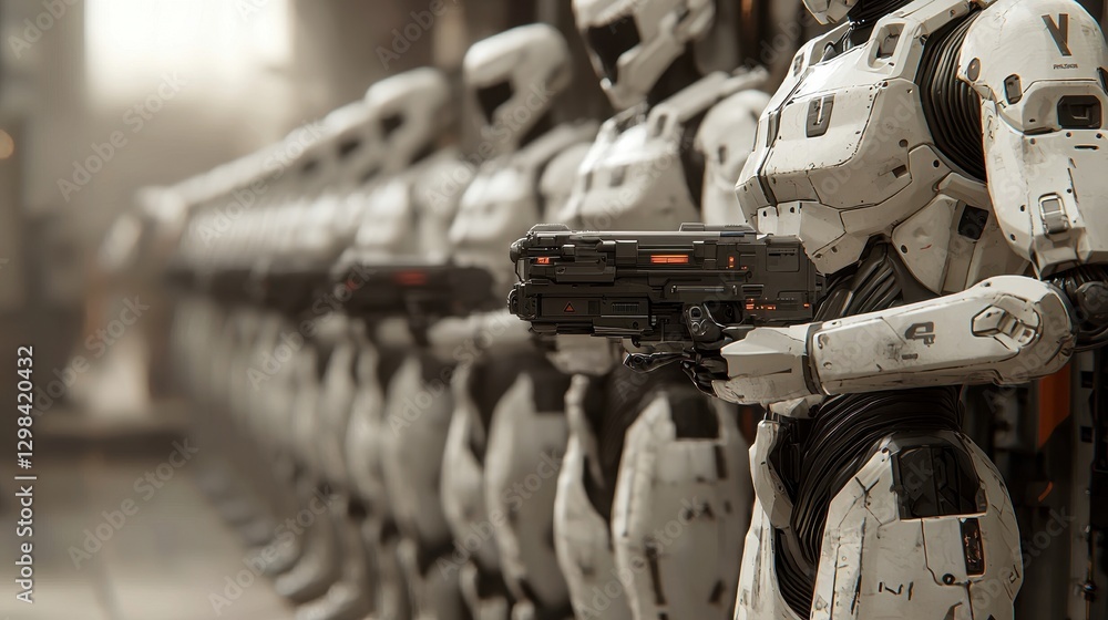 Poster futuristic robots in formation holding weapons in high-tech environment