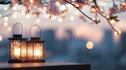 Lanterns under a Blooming Cherry Tree at Sunset