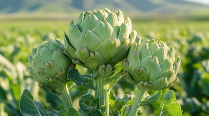 Fototapeta premium A vibrant, large green artichoke stands at the heart of a sunlit field, gracefully turning its crown to the left while its base leans right in harmonious contrast