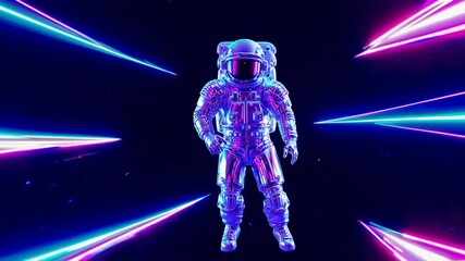Astronaut in a Cosmic Dance: A futuristic astronaut, radiating a vibrant aura of neon, seemingly dances amidst a backdrop of dynamic, energy streaks, perfectly capturing the essence of space travel - Powered by Adobe