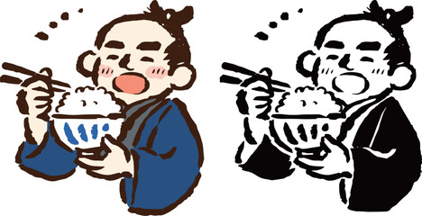 山盛りのごはんを食べる江戸の庶民　筆タッチ手描きイラスト・線画セット
