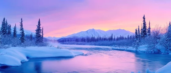 Gardinen Pink and Blue Winter Sunrise over a Frozen River and Mountains © diajengwd