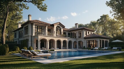 Fototapeta premium An architectural rendering of a luxury home. Private villa on the beach in the mediterranean garden. The exclusive new hamptons is a popular place to stay in york. A lifestyle visual representation.