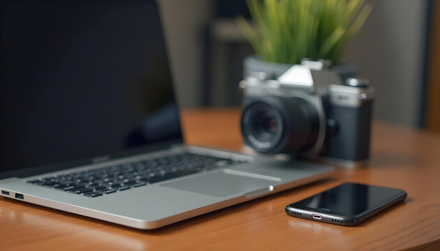 A modern workspace setup featuring a sleek laptop a stylish smartphone and a professional camera arranged neatly on a rustic wooden table

