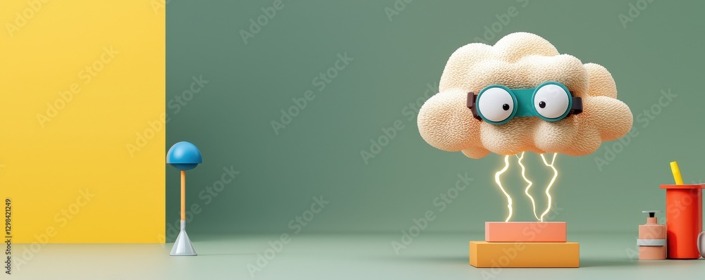 Poster science meteorology experiment concept. whimsical cloud character with eyes and lightning on a color