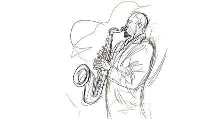Outline drawing of a musician passionately playing a saxophone, evoking jazz vibes.