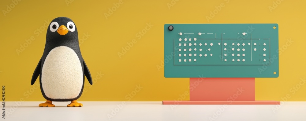 Poster science meteorology experiment concept. penguin next to a colorful digital display on a yellow backg