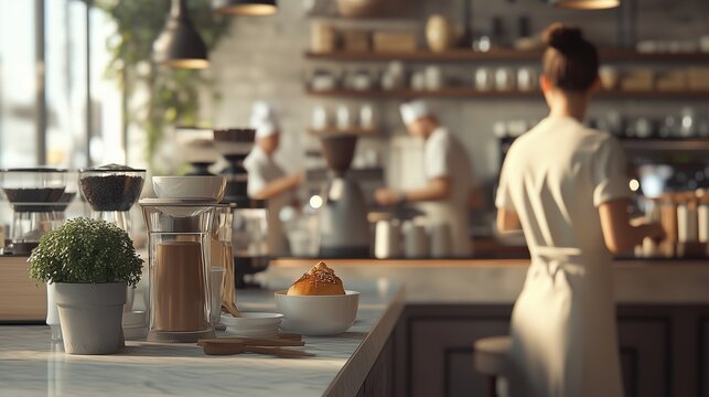 Woman standing at counter in restaurant. Coffee shop with cafe and restaurant with blurred sign. Waiter with a chef on a background of artificial intelligence. A woman positioned at a lifestyle.