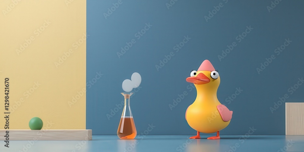 Poster science meteorology experiment concept. colorful cartoon duck next to a flask in a playful setting.