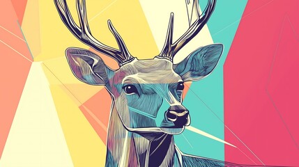 Stylized portrait of a majestic deer with vibrant geometric background.