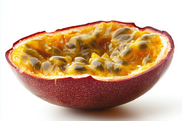 Freshly cut passion fruit half reveals juicy pulp and seeds, showcasing vibrant colors and textures. Perfect for desserts or tropical dishes