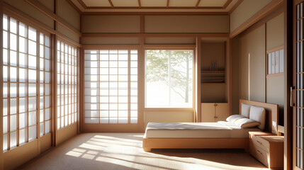 Serene Japanese Style Bedroom Interior With Wooden Furniture And Bright Sunlight Through Windows