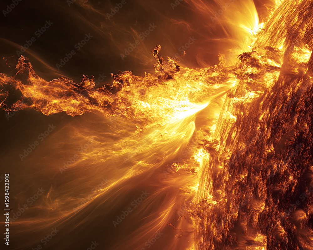 Poster close-up view of intense fiery flames and energetic bursts emerging from a dark background, symboliz