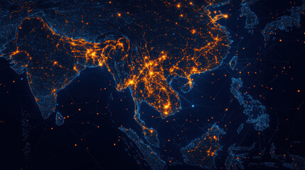 Obraz premium This detailed digital map highlights urban areas and infrastructure across South and East Asia, showcasing vibrant city lights at night