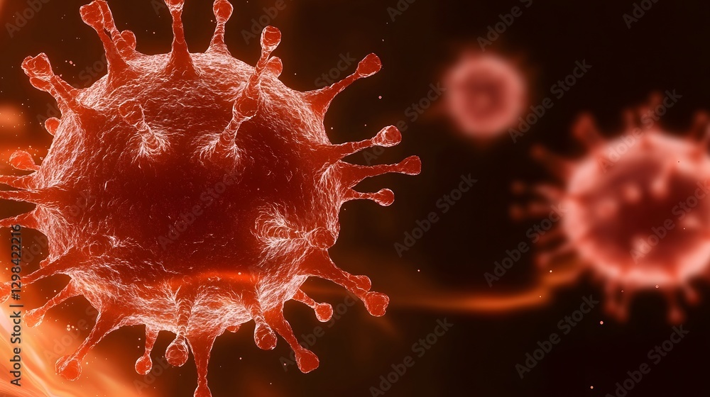Poster Detailed scientific visualization of red virus cells with distinct surface spikes suspended in a microscopic fluid environment  The viral particles appear in varying shades of red with a soft glow
