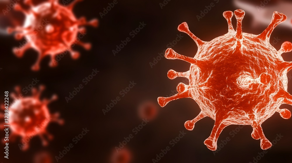 Aufkleber Close up scientific visualization of red virus cells with distinct surface spikes suspended in a microscopic fluid environment  The viral particles appear in varying shades of red with a soft glow