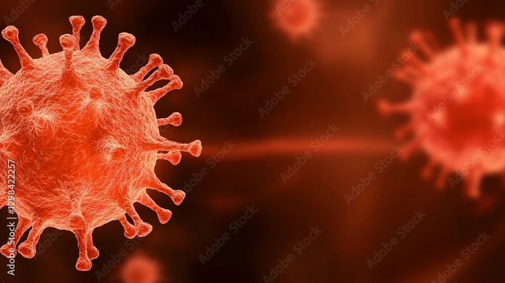 Poster Vivid microscopic visualization of glowing red viral cells with distinct surface spikes suspended in a fluid environment creating a sense of depth and scientific realism