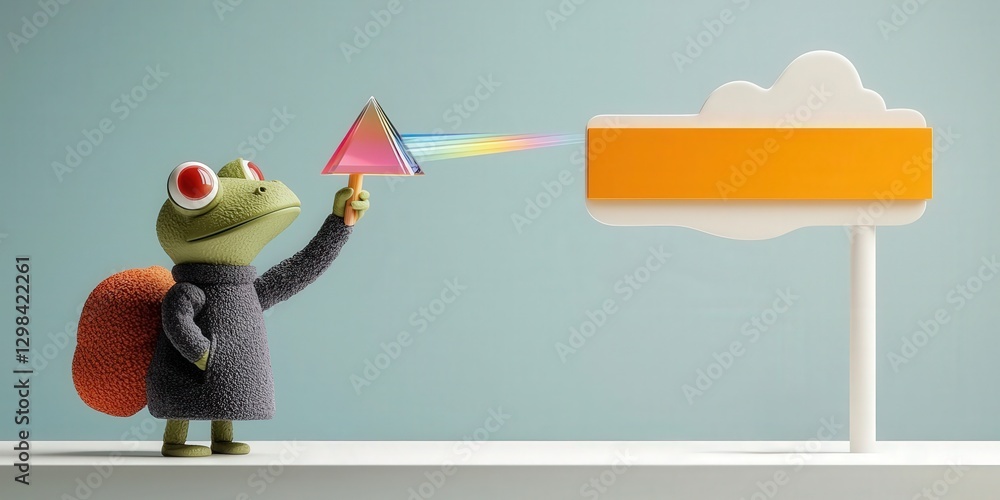 Poster science meteorology experiment concept. whimsical frog character projecting colorful light towards a