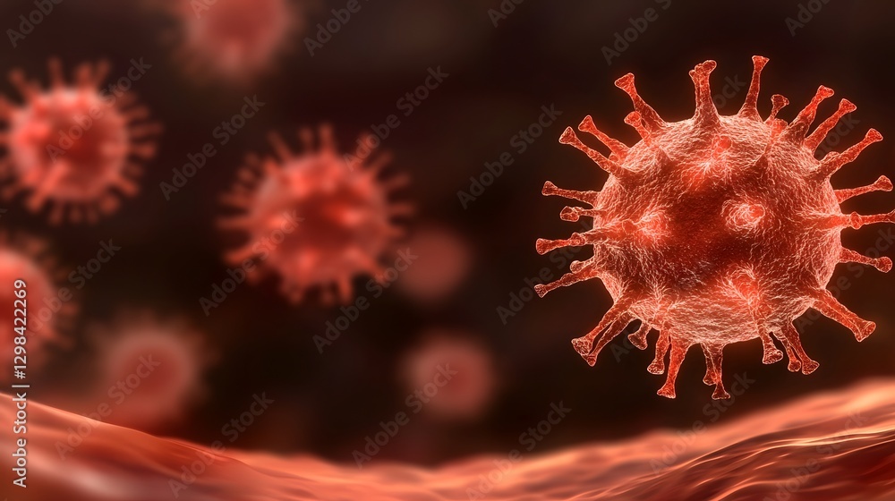 Poster Highly detailed and depiction of floating virus particles showcasing their intricate red spike protein structures within a fluid glowing biological space