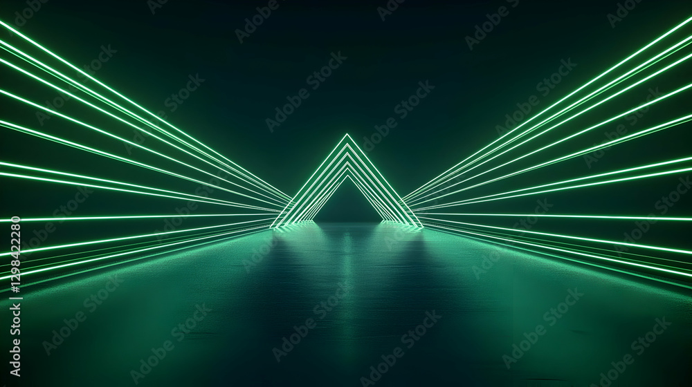 Poster green neon triangle tunnel structure with reflective surface and dark background