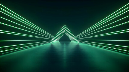 Obraz premium Green Neon Triangle Tunnel Structure With Reflective Surface and Dark Background