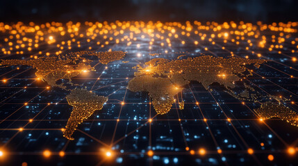 Naklejka premium A vibrant digital map displays a glowing network of lights across continents, highlighting global connections and information exchange