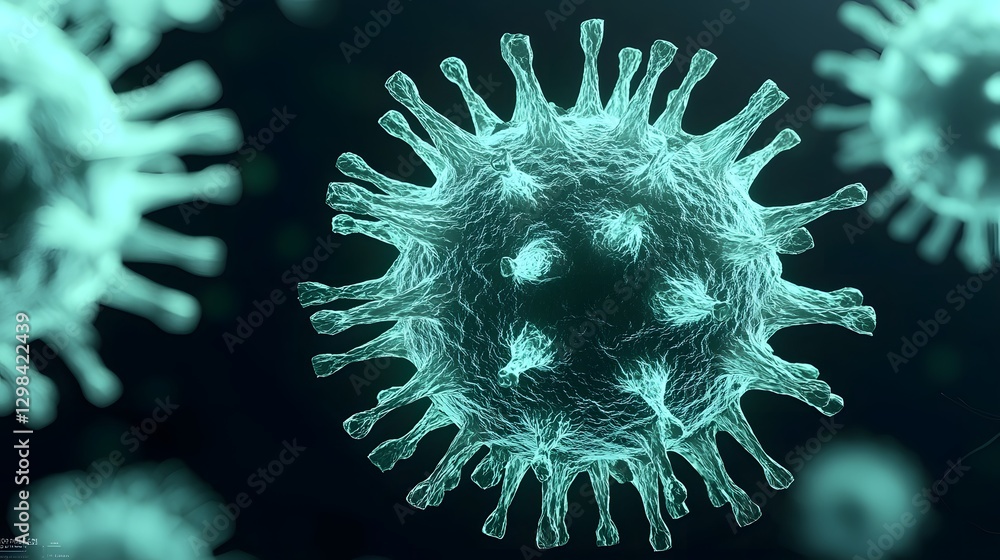 Poster Microscopic 3D visualization of green colored virus particles with spiky surface proteins floating in a biological fluid  The virus cells have a semi translucent glowing texture