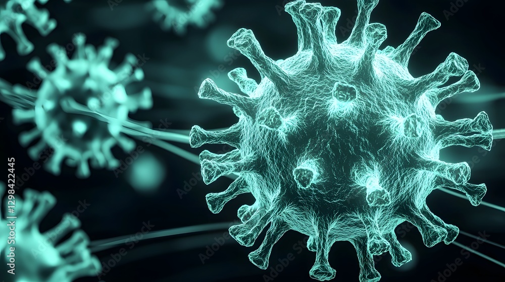 Aufkleber medical depicting infectious green virus particles with sharp protein spikes protruding from their s